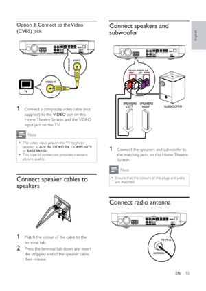 Page 1413
Connect speakers and 
subwoofer
1  Connect the speakers and subwoofer to 
the matching jacks on this Home Theatre 
System.
Note
Ensure that the colours of the plugs and jacks 
are matched.
Connect radio antenna
FM (75 Ω) 
ANTENNA
Option 3: Connect to the Video 
(CVBS) jack
1  Connect a composite video cable (not 
supplied) to the  VIDEO jack on this 
Home Theatre System and the VIDEO 
input jack on the T V.
Note
The video input jack on the T V might be 
labelled as  A/V IN,VIDEO IN,COMPOSITE
or...