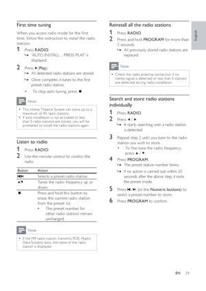 Page 3029
Reinstall all the radio stations
1 Press  RADIO.
2  Press and hold  PROGRAM for more than 
5 seconds.
All previously stored radio stations are  »
replaced.
Note
Check the radio antenna connection if no 
stereo signal is detected or less than 5 stations 
are detected during radio installation.
Search and store radio stations 
individually
1 Press  RADIO.
2 Press   /.
It star ts searching until a radio station  »
is detected.
3  Repeat step 2 until you tune to the radio 
station you wish to store.
To...