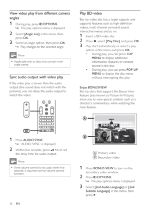 Page 2626
   
 
 
 
Play BD-video
 
 
Blu-ray video disc has a larger capacity and 
suppor ts features such as high-de nition 
videos, multi-channel surround sound, 
interactive menus and so on. 
   
 
 
1  Inser t a BD-video disc.
 
 
 
 
2 Press   
, select  [Play Disc] 
 and press  OK 
.
 
 
 
 
3  Play star t automatically or select a play 
option in the menu and press  OK 
.
   
 
 
During play, you can press   • TOP 
MENU 
 to display additional 
information, features or content 
stored in the disc....