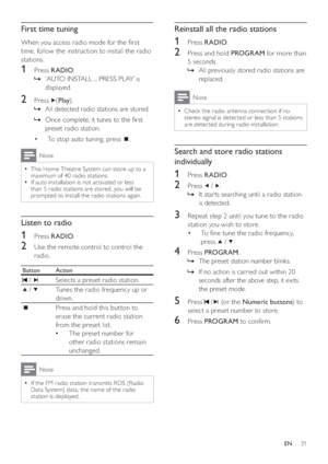 Page 3131
   
 
 
 
Reinstall all the radio stations
 
 
 
 
1 Press  RADIO 
.
 
 
 
 
2  Press and hold  PROGRAM 
 for more than 
5 seconds.
   
 
 
All previously stored radio stations are    »
replaced.
  Note
 
Check the radio antenna connection if no   •
stereo signal is detected or less than 5 stations 
are detected during radio installation.
   
 
 
 
Search and store radio stations 
individually
   
 
 
1 Press  RADIO 
.
 
 
 
 
2 Press   
 /   
.
   
 
 
It star ts searching until a radio station    »...