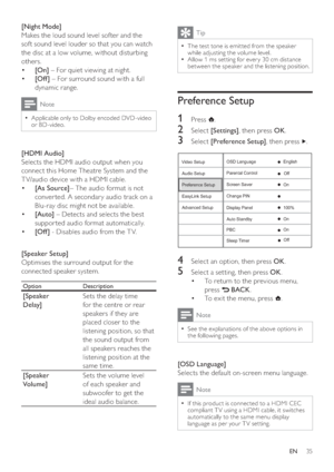 Page 3535
  Tip
 
The test tone is emit ted from the speaker   •
while adjusting the volume level. 
   
Allow 1 ms set ting for ever y 30 cm distance 
  •
between the speaker and the listening position. 
 
 
 
 
 
 
Preference Setup
 
 
 
 
1 Press   
.
 
 
 
 
2 Select  [Settings] 
, then press  OK 
.
 
 
 
 
3 Select  [Preference Setup] 
, then press   
 
 
.
 
 
 
 
 
 
 
4  Select an option, then press  OK 
.
 
 
 
 
5  Select a setting, then press  OK 
.
   
 
 
To return to the previous menu,  • 
press...