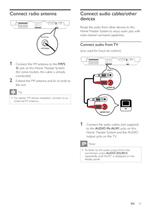 Page 1515
Connect audio cables/other 
devices
   
Route the audio from other devices to this 
Home Theater System to enjoy audio play with 
multi-channel surround capabilities.
   
 
 
Connect audio from TV
 
 
(also used for EasyLink control)
 
 
  
 
 
 
 
1  Connect the audio cables (not supplied) 
to the  AUDIO IN-AUX1 
 jacks on this 
Home Theater System and the AUDIO 
output jacks on the T V. 
  Note
 
To listen to the audio output from this   •
connection, press  AUDIO SOURCE 
 
repeatedly until ‘AUX1’...