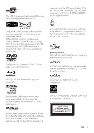 Page 55
trademark and the DTS logos, Symbol, DTS-
HD and DTS-HD Advanced Digital Out are 
trademarks of DTS, Inc. © 1996 -2008 DTS, 
Inc. All Rights Reser ved.
   
 
 
  
 
 
Java and all other Java trademarks and logos 
are trademarks or registered trademarks of 
Sun Microsystems, Inc. in the United States 
and/or other countries.
   
 
 
   
 
 
 
 
  
 
 
 
BONUSVIEW™ 
   
‘BD LIVE’ and ‘BONUSVIEW ’ are trademarks 
of Blu-ray Disc Association.
   
 
 
 
 
 
‘AVCHD’ and ‘AVCHD’ logo are trademarks 
of...