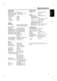 Page 5353
English
Specifi cations
AMPLIFIER Output power:    240 W FTC*
Frequency Response:  20 Hz – 20 kHz / –3 dB
Signal-to-Noise Ratio: > 65 dB (CCIR)
Input Sensitivity 
- AUX 1&2 In:    1000 mV
- TV In:         500 mV
- Digital In:       500 mV
- MP3 Line-In:    250 mV
* (1% THD 1kHz)
RADIO Tuning Range:    FM 87.5–108 MHz (100kHz)
              AM 530–1700 kHz (10kHz)
26 dB Quieting 
Sensitivity:        FM 20 dBf, AM 4μV/m
Image Rejection Radio:FM 25 dB, AM 28 dB
IF Rejection Ratio:    FM 60 dB, AM 45 dB...