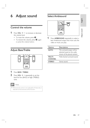 Page 37English
EN     37
Adjust sound
6 Adjust sound
Control the volume
1 
Press VOL +- to increase or decrease 
the volume level.
To mute the volume, press H.
To restore the volume, press H again 
or press the volume button.
Adjust Bass/Treble
1 Press BASS / TREBLE.
2 Press VOL +-repeatedly to set the 
level for low (BASS) or high (TREBLE) 
tone.
 Note
If the volume control is not used within 10 seconds, it 
resumes nor mal volume control func tion. •
•
•
Select Ambisound
1 Press AMBISOUND repeatedly to select...