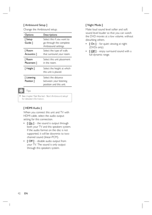 Page 4242     EN
[ Ambisound Setup ]
Change the Ambisound setup.  
Options Descriptions
[ Setup 
Guide ]Select this if you want to 
go through the complete 
Ambisound settings.
[ Room 
Acoustics ]Select the type of walls 
that surround your room.
[ Room 
Placement ]Select this unit placement 
in the room.
[ Height ]Select the height at which 
this unit is placed.
[ Listening 
Position ]Select the distance 
between your listening 
position and this unit.
   Tips
See chapter ‘Get Star ted - Star t Ambisound...