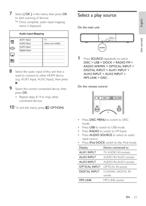 Page 23English
EN     23
Get started
7 Select [ OK ] in the menu, then press OK 
to start scanning of devices.

Once complete, audio input mapping 
menu is displayed.
 
    AUX3 InputAUX2 Input
Digital Input AUX1 Input
 
Audio Input Mapping
TV
Other (non-HDMI)
8 Select the audio input of this unit that is 
used to connect to other HDMI device 
(e.g. AUX1 Input, AUX2 Input), then press 
B. 
9 Select the correct connected device, then 
press OK.
Repeat steps 8~9 to map other  • 
connected devices.
10  To exit...