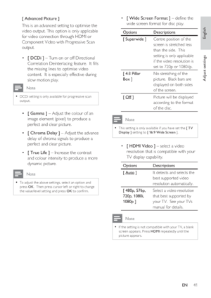 Page 41English
EN     41
Adjust settings
[ Advanced Picture ]
This is an advanced setting to optimise the 
video output. This option is only applicable 
for video connection through HDMI or 
Component Video with Progressive Scan 
output.  
[ DCDi ]  •  – Turn on or off Directional 
Correlation Deinterlacing feature.  It  lls 
the missing lines to optimise video 
content.  It is especially effective during 
slow motion play.
 Note
DCDi set ting is only available for progressive scan • 
output.
[ Gamma ]  •  –...