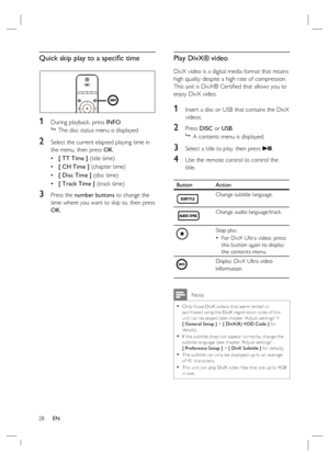 Page 2828     EN
Quick skip play to a speciﬁ c time
1 During playback, press INFO.

  The disc status menu is displayed.
2 Select the current elapsed playing time in 
the menu, then press OK.
[ TT Time ] (title time) 
[ CH Time ] (chapter time) 
[ Disc Time ] (disc time) 
[ Track Time ] (track time) 
3 Press the number buttons to change the 
time where you want to skip to, then press 
OK. •
•
•
•
Play DivX® video 
DivX video is a digital media format that retains 
high quality despite a high rate of...