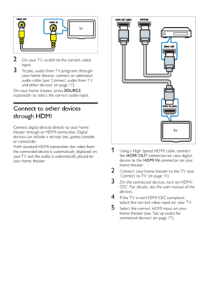 Page 1616
  
1 Using a High Speed HDMI cable, connect the HDMI OUT connector on your digital 
device to the HDMI IN connector on your 
home theater.
2 Connect your home theater to the T V (see ‘Connect 	 to 	 T V ’ 	 on 	 page 	 14).
3	 On	the	connected	devices,	turn	on	HDMI-
C EC . For details, see the user manual of the 
devices.
4 If the T V is not HDMI CEC compliant,  select the correct video input on your T V.
5 Select the correct HDMI input on your home 	 theater 	 (see 	 ‘Set 	 up 	 audio 	 for 	
c...