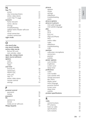 Page 4747
English
picture options  25
rotate
  25
settings
 

34
slideshows
 2

5
troubleshooting
 

42
zoom
 

25
picture options
 

25
picture-in-picture
 2

nd audio language
 2
 2
2nd subtitle language
 2

2
play
 d

iscs
 
 21
DivX
 

24
from PC
 
3
 1
iPod and iPhone
 
2
 7
MP3
 2

6
online video
 
3
 2
r adio
 4

1
slideshows
 2

5
troubleshooting
 4

3
USB
  23
position
 c

alibration microphone
 1
 2
connectors
 

13
position
 

11
subtitle
 3

5
power options
 
a

uto standby  
3
 7
brightness
 

37...