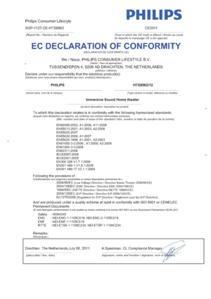 Page 50Philips Consumer Lifestyle 
SGP-1127-CE-HTS8562           CE2011 ..............................................................    ........................................................................................ 
(Report No. / Numéro du Rapport)  (Year in which the CE mark is affixed / Année au cours 
de laquelle le marquage CE a été apposé) 
EC DECLARATION OF CONFORMITY(DECLARATION DE CONFORMITE CE) 
We / Nous, PHILIPS CONSUMER LIFESTYLE B.V. (Name / Nom de l’entreprise) TUSSENDIEPEN 4, 9206 AD...