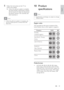 Page 3939
English
10 Product specifications
Note
 •Specifications	and	design	are	subject	to	change	without notice.
Region codes
The type plate on the back or bot tom of the 
home theater shows which regions it suppor ts.
 
Media formats
•	AVCHD,	BD,	BD-R /	BD-RE,	BD-Video,	D
VD-Video, 	 DVD+R /+RW, 	 DVD-R /-RW, 	
D

VD+R /-R 	 DL, 	 CD-R /CD-RW, 	 Audio 	 CD, 	
V

ideo 	 CD/SVCD, 	 Picture 	 files, 	 MP3 	 media, 	
W

MA media, DivX Plus HD media, USB 
storage device
Count ry DVD   BD
Europe ,  
Unit ed Ki...