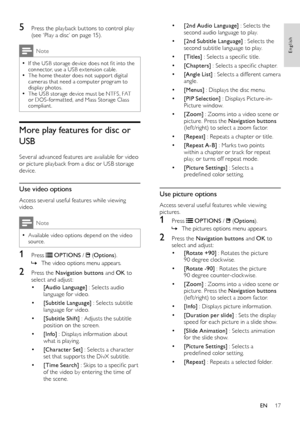 Page 1917
• [2nd Audio Language] : Selects the second audio language to play.
• [2nd Subtitle Language] : Selects the second subtitle language to play.
• [Titles] : Selects a specific title.
• [Chapters] : Selects a specific chapter.
• [Angle List] : Selects a different camera angle.
• [Menus] : Displays the disc menu.
• [PIP Selection] : Displays Picture-in-Picture window.
• [ Zoom] : Zooms into a video scene or picture. Press the Navigation buttons (lef t /right) to select a zoom factor.
• [Repeat] : Repeats...