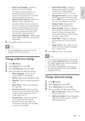 Page 2523
• [Auto Subtitle Shift] : Enables or disables shift subtitle. If enabled, it adjusts the subtitle position automatically to fit the T V screen.
• [Change Password] : Sets or changes a PIN code to play a restricted disc. Enter ‘0000’ if you do not have a PIN or if you have forgot ten your PIN.
• [Display Panel] : Changes the brightness of the display panel.
• [Auto St andby] : Enables or disables auto standby. If enabled, the home theater switches to standby af ter 30 minutes of inactivity (for...