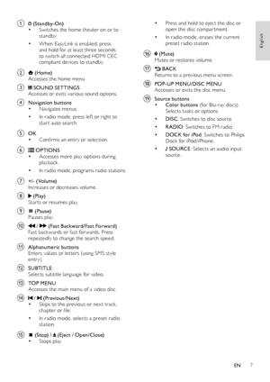 Page 97
• Press and hold to eject the disc or open the disc compar tment.
• In radio mode, erases the current preset radio station.
p  (Mute)Mutes or restores volume.
q  BACKReturns to a previous menu screen.
r POP-UP MENU/DISC MENUAccesses or exits the disc menu. 
s Source buttons• Color buttons (for Blu-ray discs): Selects tasks or options.
• DISC: Switches to disc source.
• RADIO: Switches to FM radio.
• DOCK for iPod: Switches to Philips Dock for iPod/iPhone.
•  SOURCE: Selects an audio input source.
  
a...