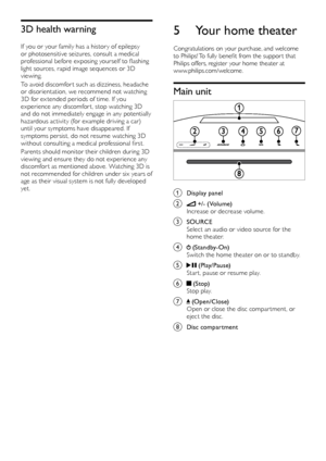 Page 1010
5 Your home theater
Congratulations on your purchase, and welcome 
to	Philips!	To	fully	benefit	from	the	suppor t	that	Philips offer

s, register your home theater at 
 www.philips.com/w

elcome.
Main unit
 
a Display panel
b  +/- (Volume)
Increase or decrease volume.
c SOURCE
Se lect an audio or video source for the 
home theater.
d  (Standby-On)
Switch the home theater on or to standby.
e  (Play/Pause)
Star t, pause or resume play.
f  (Stop)
Stop play.
g  (Open/Close)
Open or close the disc compar...