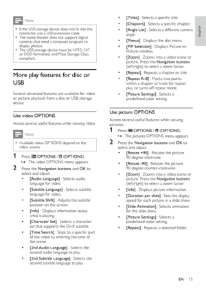 Page 1715
•	[Titles]	: 	 Selects 	 a 	 specific 	 title.
•	[Chapters]	: 	 Selects 	 a 	 specific 	 chapter.
•	[Angle List] : Selects a different camera 
angle.
•	[Menus]  : Displays the disc menu.
•	[PIP Selection]  : Displays Picture-in-
Picture window.
•	[ Zoom]  : Zooms into a video scene or 
picture. Press the Navigation buttons  
(lef t /right) to select a zoom factor.
•	[Repeat]  : Repeats a chapter or title.
•	[Repeat A-B]  : Marks two points 
within a chapter or track for repeat 
play, or turns off...