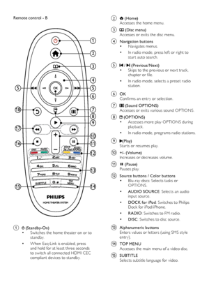 Page 86
b  (Home)
Accesses the home menu.
c  (Disc menu) 
Accesses or exits the disc menu. 
d Navigation buttons•	Navigates menus.
•	In radio mode, press lef t or right to 
star t auto search.
e  /  (Previous/Next) •	Skips to the previous or nex t track, 
chapter 	 or 	 file.
•	In radio mode, selects a preset radio 
station.
f OK
Confirms 	 an 	 entr y 	 or 	 selection.
g  (Sound OPTIONS) 
Accesses or exits various sound OPTIONS.
h  (OPTIONS) •	Accesses more play OPTIONS during 
playback.
•	In radio mode,...