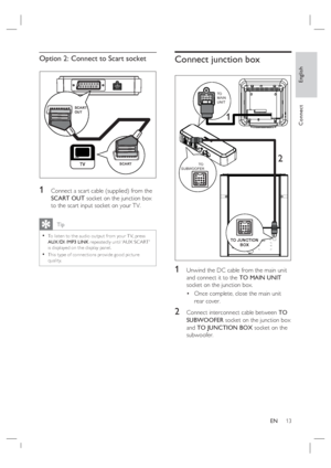 Page 13English
EN     13
Connect
Option 2: Connect to Scart socket 
SCART 
OUT
SCART
1 Connect a scart cable (supplied) from the 
SCART OUT socket on the junction box 
to the scart input socket on your TV.
   Tip
To listen to the audio output from your T V, press 
AUX /DI /MP3 LINK repeatedly until ‘AUX SCART’ 
is displayed on the display panel.  
This type of connec tions provide good pic ture 
quality.•
•
Connect junction box
TO JUNCTION
BOX
TO 
MAIN
UNIT
TO 
SUBWOOFER
1
2
1 Unwind the DC cable from the main...