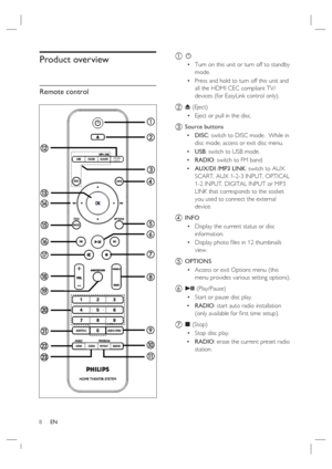 Page 88     EN
Product overview
Remote control
CINEMA
LIGHTS
a 2
Turn on this unit or turn off to standby 
mode.
Press and hold to turn off this unit and 
all the HDMI CEC compliant TV/
devices (for EasyLink control only).
b Z (Eject)
Eject or pull in the disc.
c Source buttons
DISC: switch to DISC mode.  While in 
disc mode, access or exit disc menu.
USB: switch to USB mode.
RADIO: switch to FM band.
AUX/DI /MP3 LINK: switch to AUX 
SCART, AUX 1-2-3 INPUT, OPTICAL 
1-2 INPUT, DIGITAL INPUT or MP3 
LINK that...