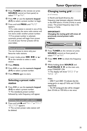 Page 3535
English
Tuner Operations
Manual presetting
You can choose to store only your
favourite radio stations.
1In tuner mode, press S / T or 3 /
4 on the remote to select a radio
station.
2Press PROG.
3Press 1 2 or use the numeric keypad
(0-9) to select a preset number.
4Press PROG again to store.
Selecting a preset radio
station
Press 1 2 or use the numeric keypad
(0-9) to select a preset number.
➜The waveband, preset number
followed by radio frequency will appear.
Deleting a preset radio station
Press...