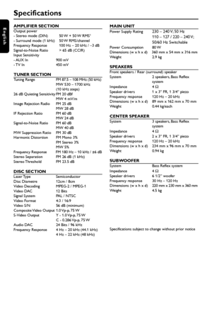 Page 4040
EnglishAMPLIFIER SECTIONOutput power
- Stereo mode (DIN) 50 W + 50 W RMS1
- Surround mode (1 kHz) 50 W RMS/channel
Frequency Response 100 Hz – 20 kHz / –3 dB
Signal-to-Noise Ratio > 65 dB (CCIR)
Input Sensitivity
- AUX  In 900  mV
- TV  In 450  mV
TUNER SECTIONTuning Range FM 87.5 – 108 MHz (50 kHz)
MW 530 – 1700 kHz
(10 kHz steps)
26 dB Quieting Sensitivity FM 20 dBf
MW 4 mV/m
Image Rejection Radio FM 25 dB
MW 28 dB
IF Rejection Ratio FM 60 dB
MW 24 dB
Signal-to-Noise Ratio FM 60 dB
MW 40 dB
MW...