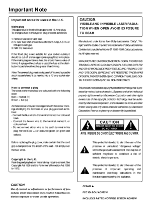 Page 22
Important Note
Important notes for users in the U.K.
Mains plug
This apparatus is fitted with an approved 13 Amp plug.
To change a fuse in this type of plug proceed as follows:
1. Remove fuse cover and fuse.
2. Fix new fuse whih should be a BS1362 5 Amp, A.S.T.A. or
BSI approved type.
3. Refit the fuse cover.
If the fitted plug is not suitable for your socket outlets, it
should be cut off and an appropriate plug fitted in its place.
If the mains plug contains a fuse, this should have a value of
5 Amp...