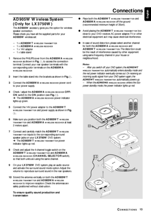 Page 1313
EnglishAD905W Wireless  System
(Only for LX3750W)
The AD905W accessor y gives you the option for wireless
speaker connection.
Please check you have all the supplied par ts for your
AD905W wireless set:
–1 x AD905WT 
WIRELESS TRANSMITTER
–1 x AD905WA WIRELESS RECEIVER
–1 x 14V adapter
–1 x table stand
1Remove the PHILIPS cover from the AD905WA 
WIRELESS
RECEIVER
 as shown in Fig. 1, to access the connection
terminal. Connect your rear speaker terminals with the
corresponding color terminals on the...