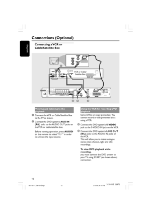 Page 1212
English
3139 115 22872
Connections (Optional)
Connecting a VCR or
Cable/Satellite Box
L
RL
R
FM/MW ANTENNA
AUDIO 
OUTS-VIDEO
IN
VIDEO INSCART IN
24
1
~ AC MAINS
3
VCR or Cable/
Satellite Box
Viewing and listening to the
playback
1Connect the VCR or Cable/Satellite Box
to the TV as shown.
2Connect the DVD system’s AUX IN
(R/L) jacks to the AUDIO OUT jacks on
the VCR or cable/satellite box.
Before starting operation, press AUX/DI
on the remote to select “AUX” in order
to activate the input source.Using...