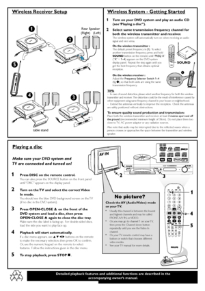 Page 43ALLALL2
SUPER VIDEO
Detailed playback features and additional functions are described in the
accompanying owner’s manual.
1
2
34
5
Wireless Receiver Setup
Rear Speaker
table stand
Playing a disc
Wireless System - Getting Started
1Turn on your DVD system and play an audio CD
(see ‘Playing a disc”).
2Select same transmission frequency channel for
both the wireless transmitter and receiver.
The wireless system will automatically turn on when receiving an audio
signal and vice versa.
On the wireless...