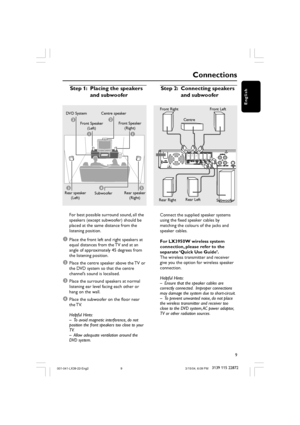 Page 99
3139 115 22872
English
Connections
11
33
2
4
2
Step 1: Placing the speakers
and subwoofer
For best possible surround sound, all the
speakers (except subwoofer) should be
placed at the same distance from the
listening position.
1Place the front left and right speakers at
equal distances from the TV and at an
angle of approximately 45 degrees from
the listening position.
2Place the centre speaker above the TV or
the DVD system so that the centre
channel’s sound is localised.
3Place the surround speakers...