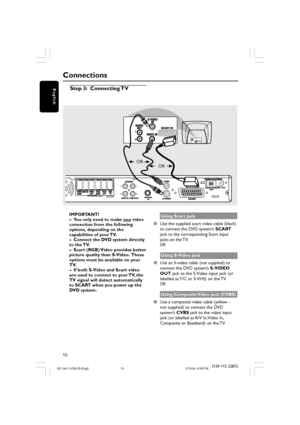 Page 1010
English
3139 115 22872
Step 3: Connecting TV
L
R L
R
AUDIO 
OUTS-VIDEO
IN
VIDEO INSCART IN
Connections
OR
OR
IMPORTANT!
–You only need to make 
one video
connection from the following
options, depending on the
capabilities of your TV.
–Connect the DVD system directly
to the TV.
–Scart (RGB) Video provides better
picture quality than S-Video.  These
options must be available on your
TV.
–If both S-Video and Scart video
are used to connect to your TV, the
TV signal will detect automatically
to SCART...