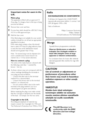 Page 22
Important notes for users in the
U.K.
Mains plugThis apparatus is fitted with an approved 13
Amp plug.  To change a fuse in this type of plug
proceed as follows:
1Remove fuse cover and fuse.
2Fix new fuse which should be a BS1362 5 Amp,
A.S.T.A. or BSI approved type.
3Refit the fuse cover.
If the fitted plug is not suitable for your socket
outlets, it should be cut off and an appropriate
plug fitted in its place.
If the mains plug contains a fuse, this should
have a value of 5 Amp. If a plug without a...