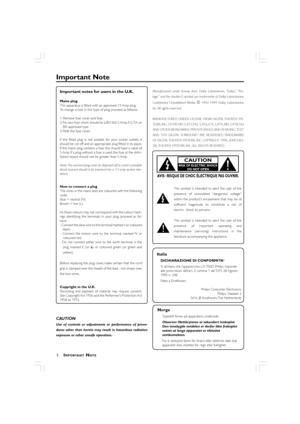 Page 22
Important Note
Important notes for users in the U.K.
Mains plug
This apparatus is fitted with an approved 13 Amp plug.
To change a fuse in this type of plug proceed as follows:
1. Remove fuse cover and fuse.
2. Fix new fuse which should be a BS1362 5 Amp, A.S.T.A. or
BSI approved type.
3. Refit the fuse cover.
If the fitted plug is not suitable for your socket outlets, it
should be cut off and an appropriate plug fitted in its place.
If the mains plug contains a fuse, this should have a value of
5 Amp....