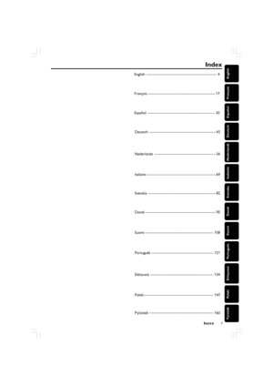 Page 33
English
Français
Español Deutsch Nederlands Italianlo Svenska Dansk Suomi
Português
Polski êÛÒÒÍËÈ

Index
INDEX
English -------------------------------------------------------- 4
Français ------------------------------------------------------ 17
Español ------------------------------------------------------ 30
Deutsch ----------------------------------------------------- 43
Nederlands ------------------------------------------------- 56
Italiano...