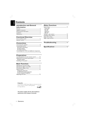 Page 44
English
Introduction and General
Information
Features ............................................................................... 5
Supplied accessories ......................................................... 5
Environmental information .............................................. 5
Installation ........................................................................... 5
Maintenance ........................................................................ 5
Functional Overview
Front and Rear...