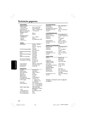 Page 39204
Nederlands
3139 115 22741
VERSTERKER
Uitgangsvermogen
- Stereo (DIN) 40 W + 40 W RMS
1
- Surround (1 kHz) 40 W RMS / kanaal
Frequentiebereik 100 Hz – 30 kHz/±3 dB
Signaal / ruis-verhouding > 65 dB (CCIR)
Ingangsgevoeligheid
- AUX  In 880  mV
- TV  In 350  mV
Uitgangsgevoeligheid
- Hoofdtelefoon 32 Ω – 1000 Ω
- Line Out 600 mV
- Digital In IEC 60958 & IEC 61937
1 6ohm, 1 kHz, 10% THD
TUNER
Afstembereik FM 87,5 – 108 MHz
(50 kHz)
MW 531 – 1602 kHz
(9 kHz)
26 dB Detectiegevoeligheid FM 20 dB
MW 3162...