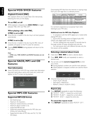 Page 2424
English
Special VCD / SVCD  features
Playback Control (PBC)
PBC playback allows you to play Video CDs interactively,
following the menu on the display.
To set PBC on / off
While playback is stopped, press DISC MENU to toggle
between “PBC ON” and “PBC OFF”.
When playing a disc with PBC,
If PBC is set to 
Off
Once the disc is loaded in the disc tray, it will star t playback
automatically.
If PBC is set to On
Once the disc is loaded in the disc tray, the PBC menu (if
available) will appear on the TV...