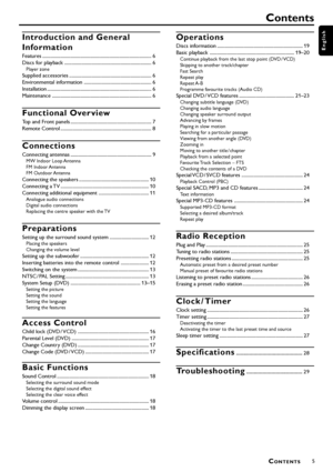 Page 55
English
Introduction and General
Information
Features ......................................................................................... 6
Discs for playback ....................................................................... 6
Player zone
Supplied accessories ................................................................... 6
Environmental information ....................................................... 6
Installation...