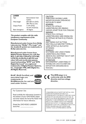 Page 33
3139 115 23481
CAUTION
VISIBLE AND INVISIBLE LASER
RADIATION WHEN  OPEN AVOID
EXPOSURE TO  BEAM
ADVARSEL
SYNLIG OG USYNLIG
LASERSTRÅLING VED  ÅBNING
UNDGÅ UDSÆTTELSE FOR STRÅLING
VARNING
SYNLIG OCH OSYNLIG
LASERSTRÅLNING NÄR DENNA DEL
ÄR ÖPPNAD BETRAKTA EJ STRÅLEN
VARO!
AVATTAESSA OLET ALTTIINA
NÄKYVÄLLE JA NÄKYMÄTTÖMÄLLE
LASER SÄTEILYLLE. ÄLÄ KATSO
SÄTEESEEN
VORSICHT
SICHTBARE UND UNSICHTBARE
LASERSTRAHLUNG WENN
ABDECKUNG GEÖFFNET NICHT DEM
STRAHL AUSSETSEN
ATTENTION
RAYONNEMENT LASER VISIBLE ET...