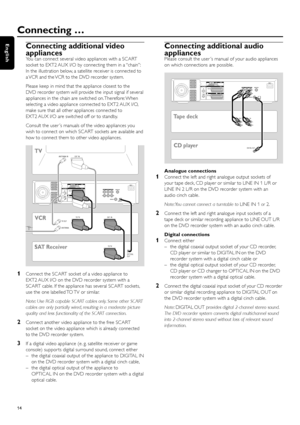 Page 14Connecting additional video
appliances
You can connect several video appliances with a SCART
socket to EXT2 AUX I/O by connecting them in a “chain”:
In the illustration below, a satellite receiver is connected to
a VCR and the VCR to the DVD recorder system.
Please keep in mind that the appliance closest to the
DVD recorder system will provide the input signal if several
appliances in the chain are switched on. Therefore: When
selecting a video appliance connected to EXT2 AUX I/O,
make sure that all...