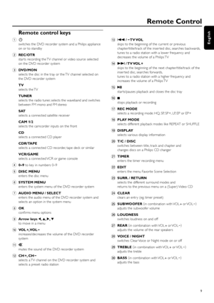 Page 9Remote control keys
12
switches the DVD recorder system and a Philips appliance
on or to standby
2REC/OTR
star ts recording the TV channel or video source selected
on the DVD recorder system
3DVD/MON
selects the disc in the tray or the TV channel selected on
the DVD recorder system
TV
selects the TV
TUNER
selects the radio tuner, selects the waveband and switches
between FM mono and FM stereo
SAT
selects a connected satellite receiver
CAM 1/2
selects the camcorder inputs on the front
CD
selects a...