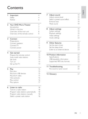 Page 23
English
EN
Contents
1 Important4
Safety 4
Notice 6
 