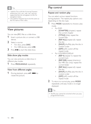 Page 1516
Play control
Repeat and random play
You can select various repeat functions 
during playback. The repeat play options var y 
depending on the disc type.
1Press 02( repeatedly to choose a play 
mode.
For DVD ‡
‡>&+$3 7(5@ (chapter): repeat 
the current chapter
‡>7,7,/(@ (title): repeat the 
current title
‡>5(3$//@ (repeat all): repeat 
the disc
‡>6+8)@VKXI