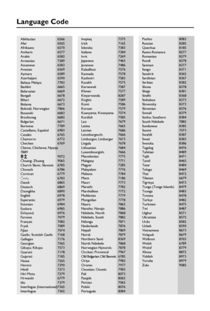 Page 66
Abkhazian 6566
Afar     6565
Afrikaans    6570
Amharic    6577
Arabic    6582
Armenian 7289
Assamese 6583
Avestan    6569
Aymara    6589
Azerhaijani 6590
Bahasa Melayu   7783
Bashkir    6665
Belarusian 6669
Bengali    6678
Bihari    6672
Bislama    6673
Bokmål, Norwegian   7866
Bosanski   6683
Brezhoneg 6682
Bulgarian 6671
Burmese    7789
Castellano, Español 6983
Catalán 6765
Chamorro 6772
Chechen 6769
Chewa; Chichewa; Nyanja
7889
    9072
Chuang; Zhuang 9065
Church Slavic; Slavonic 6785
Chuvash 6786...