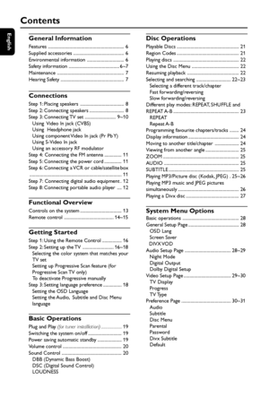 Page 4English
4
Contents
General Information
Features .................................................................. 6
Supplied accessories ............................................ 6
Environmental information ................................ 6
Safety information ............................................ 6~7
Maintenance .......................................................... 7
Hearing Safety ....................................................... 7
Connections
Step 1: Placing speakers...