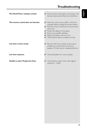 Page 39English
39
✔Power has been interrupted or the power cord
has been disconnected. Reset the clock/timer.
✔Select the correct source (DISC or AUX for
example) before pressing the function button.
✔Point the remote control at the remote sensor
of the unit.
✔Reduce the distance to the player.
✔Remove any possible obstacles.
✔Replace the batter y with new one.
✔Check that the batter y is loaded correctly.
✔Place the DVD micro system as far away as
possible from electrical devices (such as
speakers, TV) that...