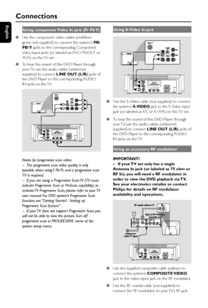 Page 10English
10
Using component Video In jack (Pr Pb Y)
●Use the component video cables (red/blue/
green, not supplied) to connect the system’s PR/
PB/ Y jacks to the corresponding Component
video input jacks (or labeled as Pr/Cr Pb/Cb Y or
YUV) on the TV set.
●To hear the sound of this DVD Player through
your TV, use the audio cables (white/red,
supplied) to connect LINE OUT (L/R) jacks of
the DVD Player to the corresponding AUDIO
IN jacks on the TV.
Y               PB           PR
Notes for progressive scan...