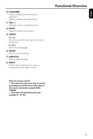 Page 17English
17
Functional Overview
^LOUD/DBB
–enables or disables automatic loudness
adjustment.
–enables or disables bass enhancement.
&VOL +/-
–adjusts the volume upward/downward.
*MUTE
–disables or enables sound output.
(AUDIO
for VCD
–sets stereo, mono left, mono right or mix mono
sound mode.
for DVD
–selects an audio language.
)ZOOM
–zoom in or out the picture.
¡SUBTITLE
–selects a subtitle language.
™GOTO
–In DISC mode, to fast search in a disc by
entering a time, title, chapter or track.
Notes for...